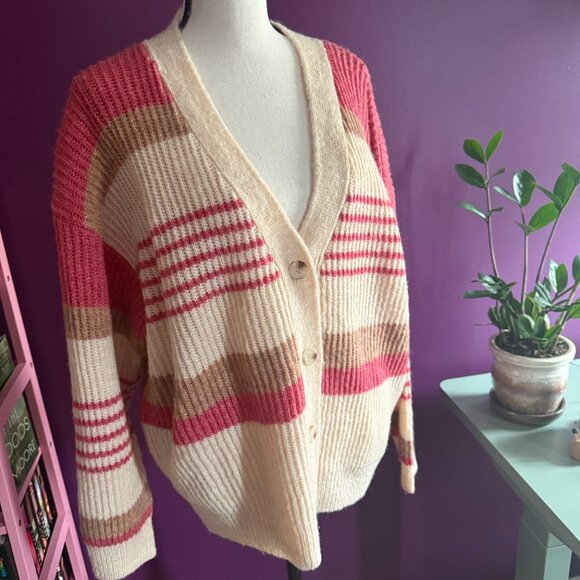 Botanik Studio Cream, Tan, and Rose Striped Cardigan Size L - Picture 2 of 6